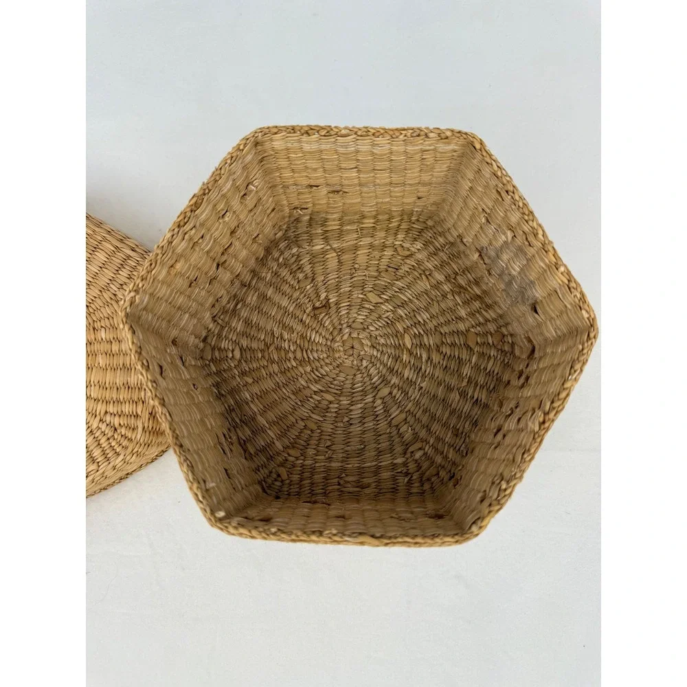 Vintage Cottage Hexagon‎ Woven Seagrass Basket w/Lid Boho Storage Decorative Box